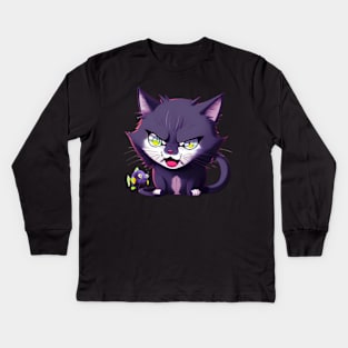 Angry cat with fish Kids Long Sleeve T-Shirt